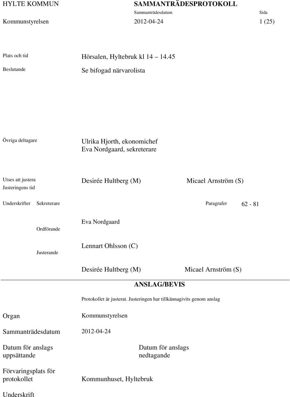 Arnström (S) Justeringens tid Underskrifter Sekreterare Paragrafer 62-81 Ordförande Justerande Eva Nordgaard Lennart Ohlsson (C) Desirée Hultberg (M) Micael