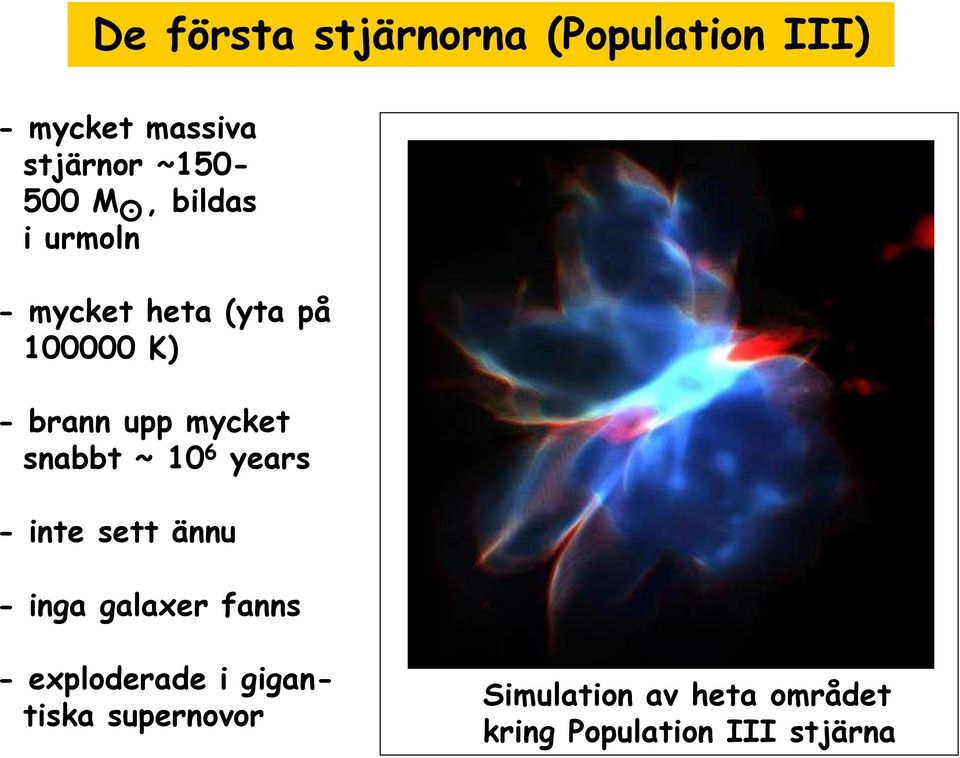 snabbt ~ 10 6 years - inte sett ännu - inga galaxer fanns - exploderade i