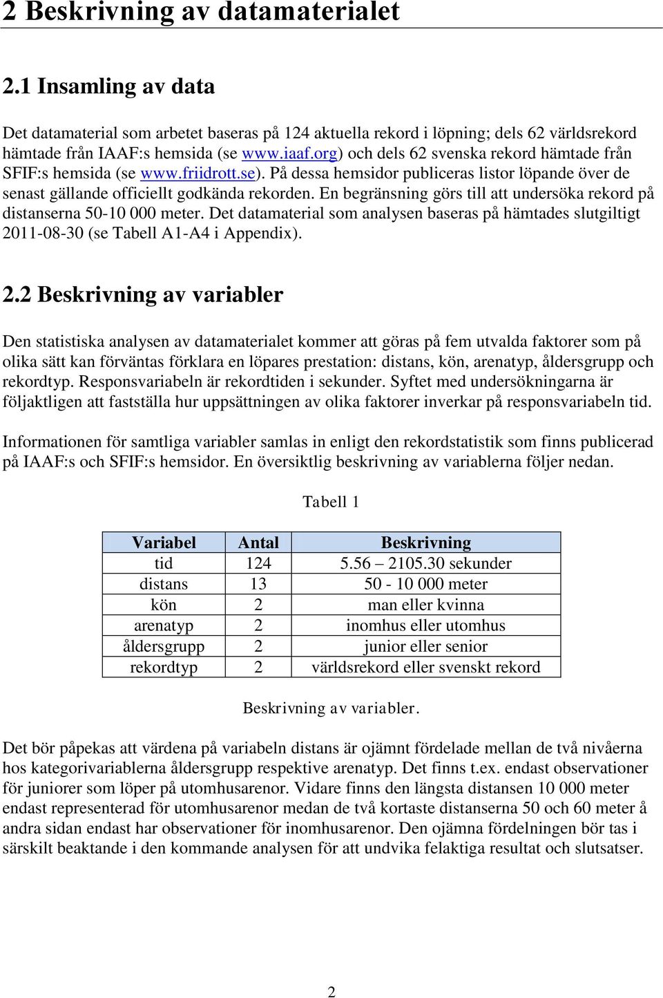 En begränsning görs till att undersöka rekord på distanserna 50-10 000 meter. Det datamaterial som analysen baseras på hämtades slutgiltigt 20