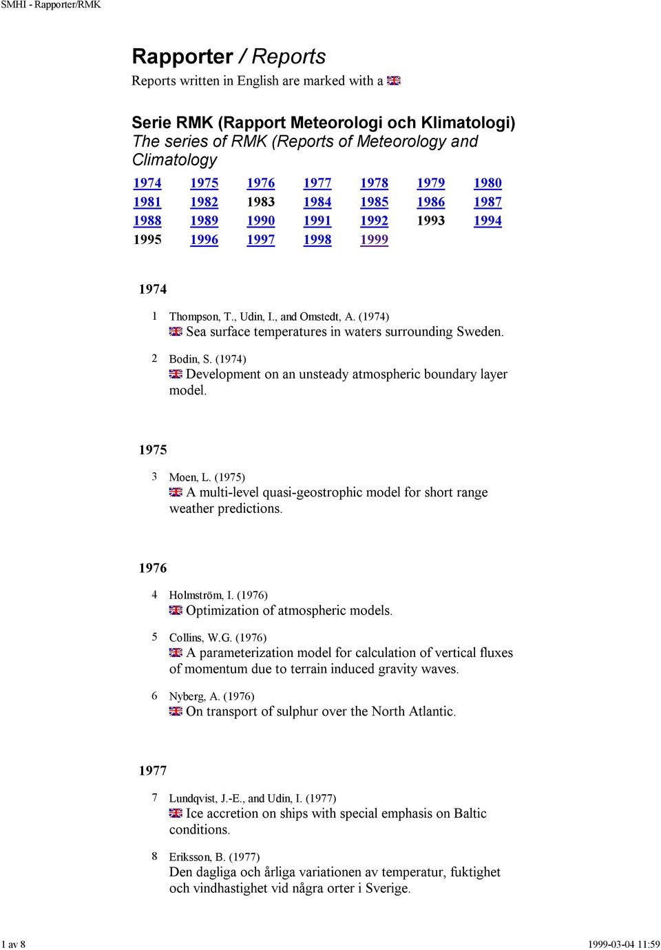 (1974) Sea surface temperatures in waters surrounding Sweden. 2 Bodin, S. (1974) Development on an unsteady atmospheric boundary layer model. 1975 3 Moen, L.
