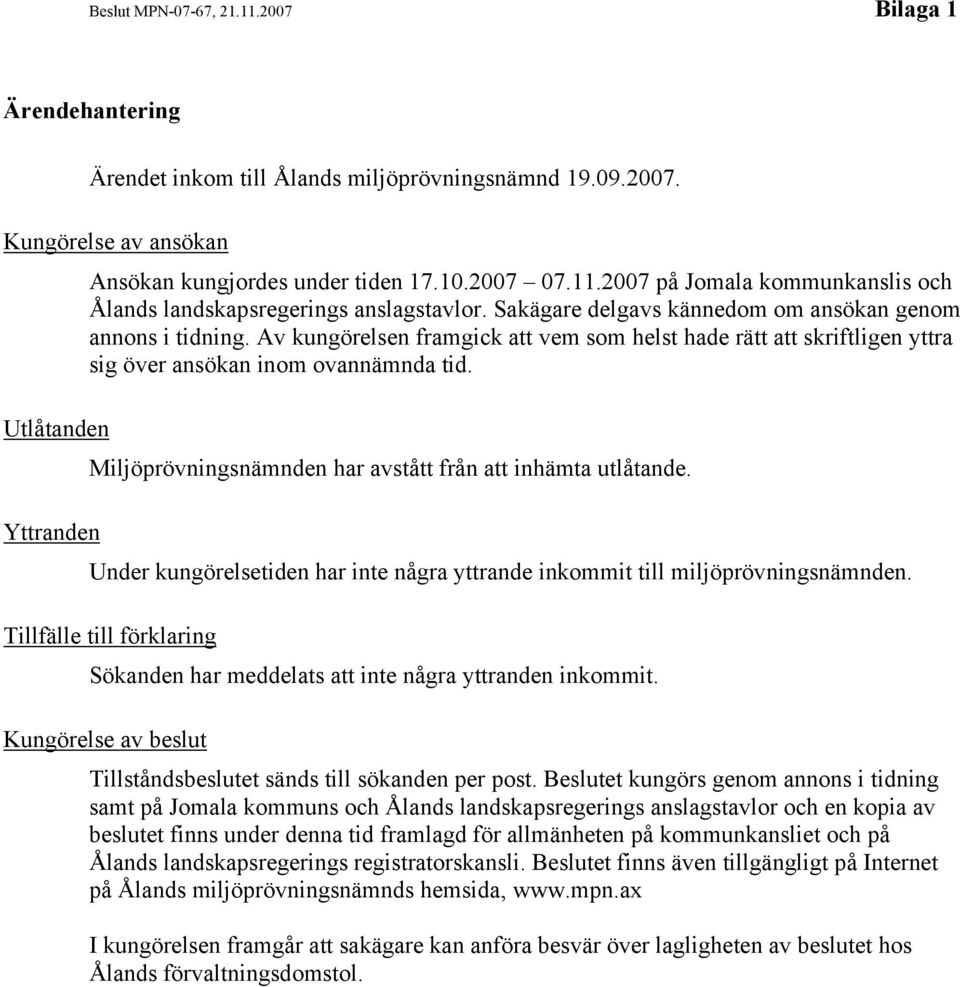 Av kungörelsen framgick att vem som helst hade rätt att skriftligen yttra sig över ansökan inom ovannämnda tid. Miljöprövningsnämnden har avstått från att inhämta utlåtande.