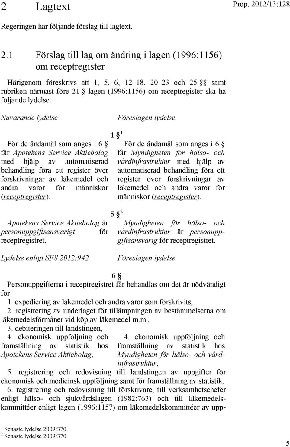 1 Förslag till lag om ändring i lagen (1996:1156) om receptregister Härigenom föreskrivs att 1, 5, 6, 12 18, 20 23 och 25 samt rubriken närmast före 21 lagen (1996:1156) om receptregister ska ha