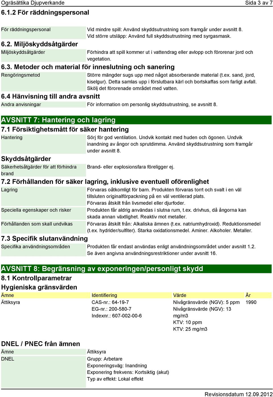 6.3. Metoder och material för inneslutning och sanering Rengöringsmetod Större mängder sugs upp med något absorberande material (t.ex. sand, jord, kiselgur).