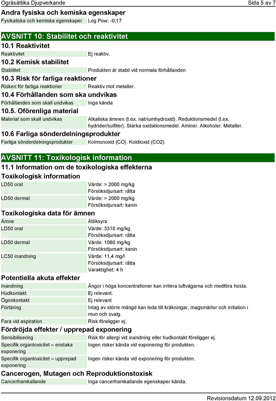 5. Oförenliga material Material som skall undvikas Produkten är stabil vid normala förhållanden Alkaliska ämnen (t.ex. natriumhydroxid). Reduktionsmedel (t.ex. hydrider/sulfiter).