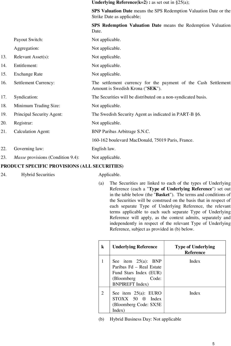 Settlement Currency: The settlement currency for the payment of the Cash Settlement Amount is Swedish Krona ("SEK"). 17. Syndication: The Securities will be distributed on a non-syndicated basis. 18.