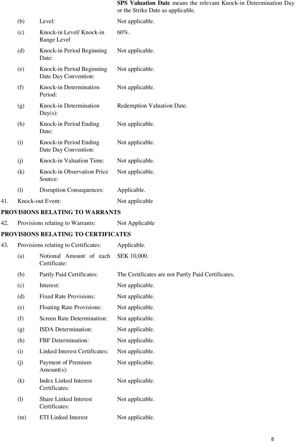Redemption Valuation Date. (j) Knock-in Valuation Time: (k) Knock-in Observation Price Source: (l) Disruption Consequences: Applicable. 41.