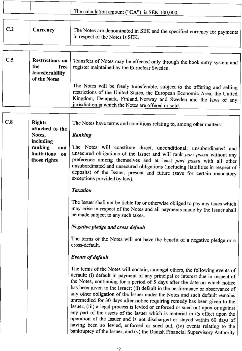 The Notes will be freely transferable, subject to the offering and selling restrictions of the United States, the European Economic Area, the United Kingdom, Denmark, Finland, Norway and Sweden and