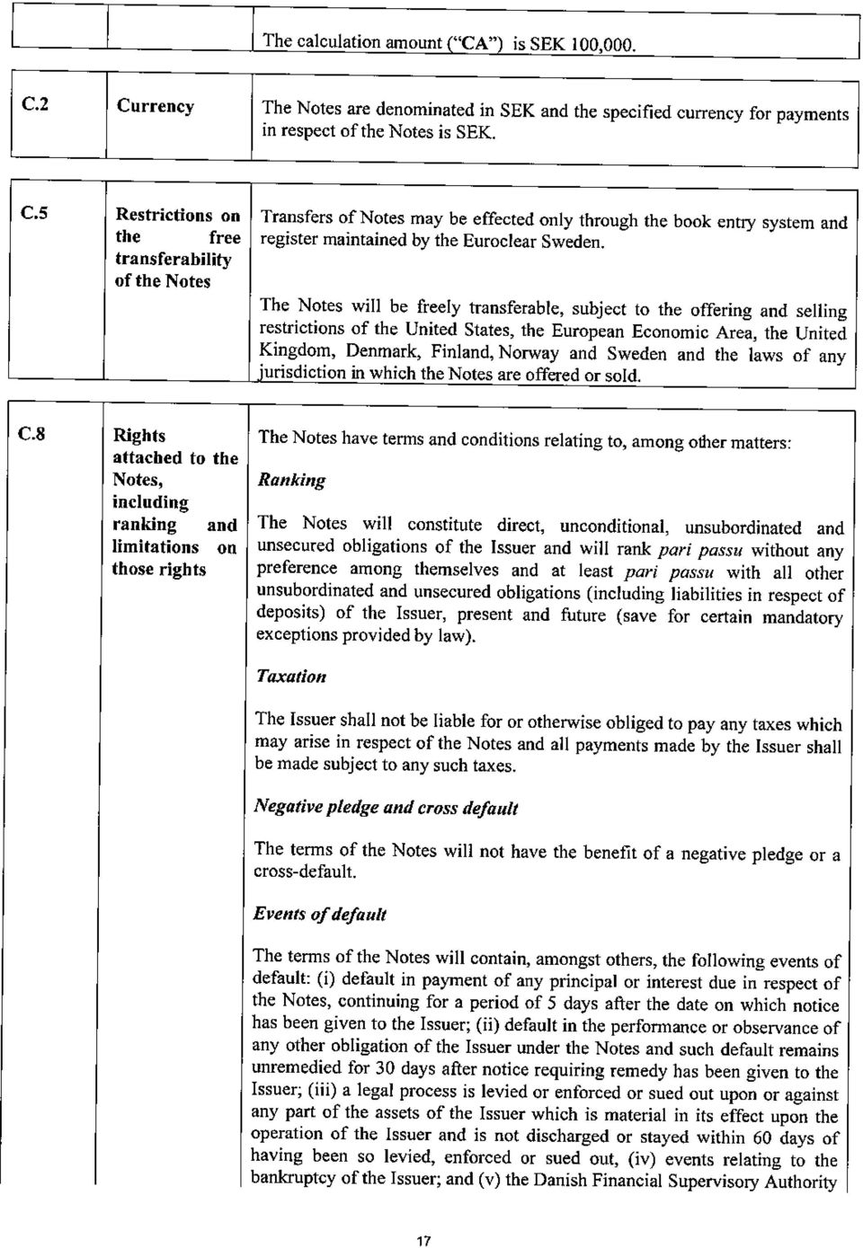 The Notes will be freely transferable, subject to the offering and selling restrictions of the United States, the European Economic Area, the United Kingdom, Denmark, Finland, Norway and Sweden and