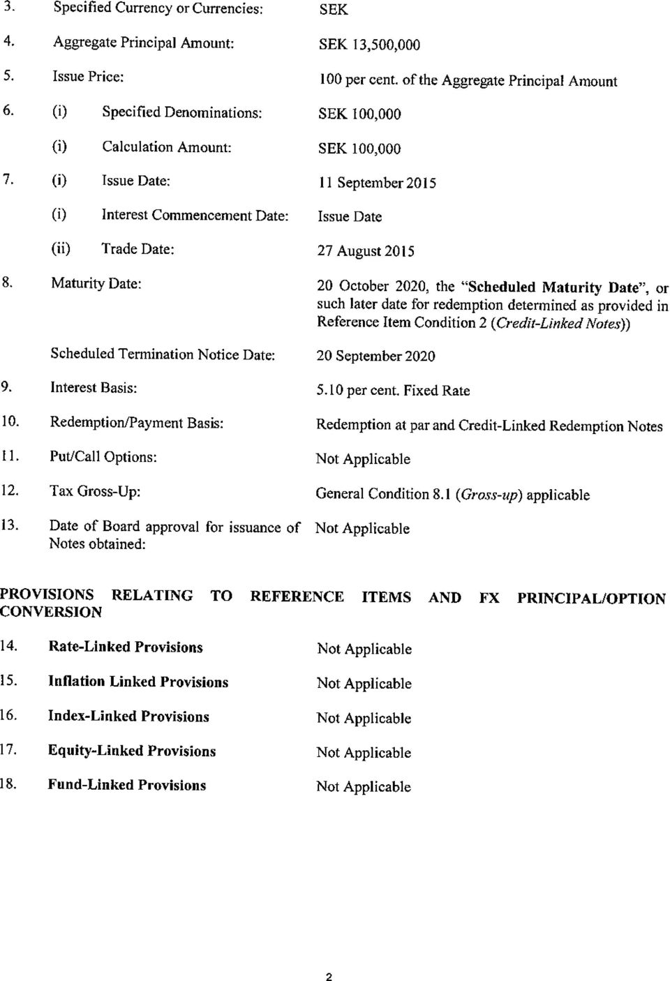 Maturity Date: 20 October 2020, the "Scheduled Maturity Date", or such later date for redemption determined as provided in Reference Item Condition 2 (Credit-Linked Notes)) Scheduled Termination