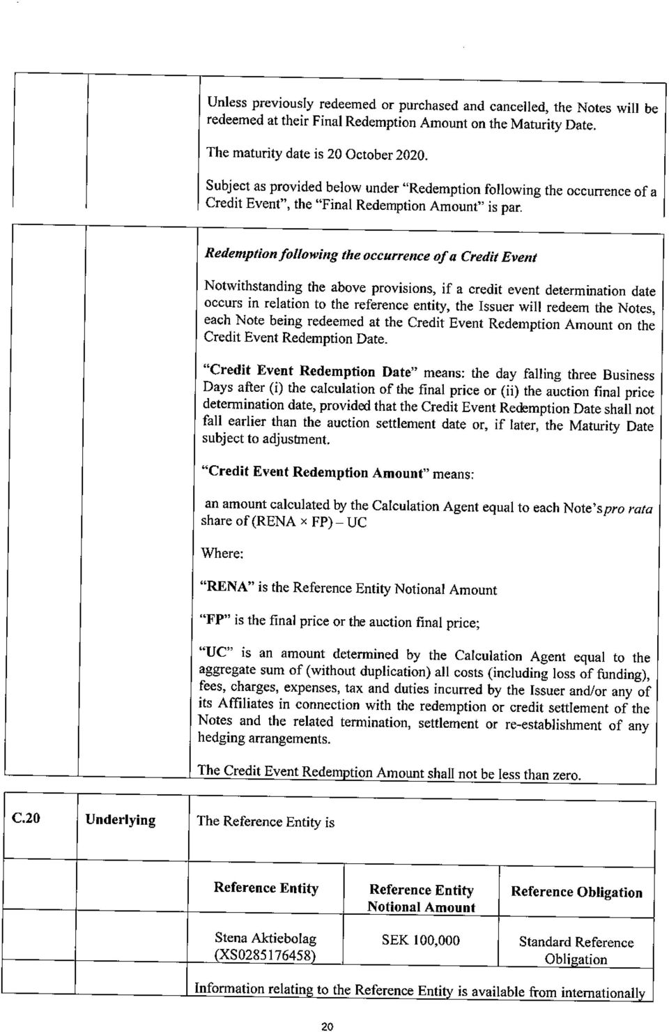 Redemption following the occurrence of a Credit Event Notwithstanding the above provisions, if a credit event determination date occurs in relation to the reference entity, the Issuer will redeem the