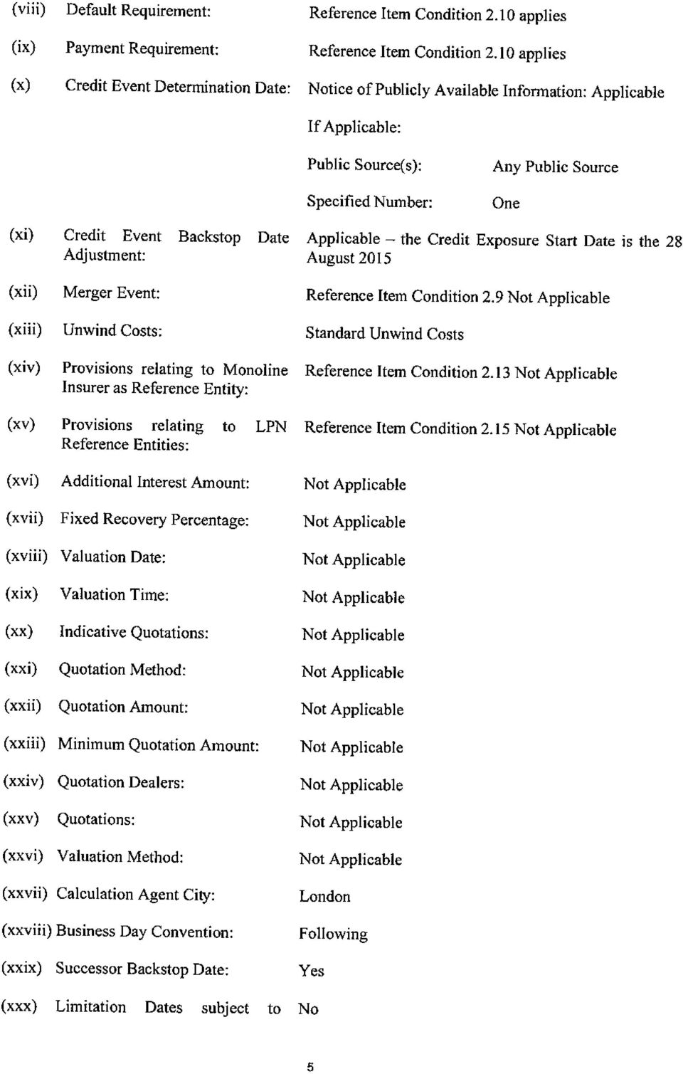 Backstop Date Adjustment: Applicable - the Credit Exposure Start Date is the 28 August 2015 (xii) Merger Event: Reference Item Condition 2.