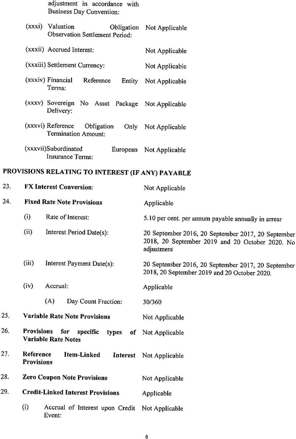 (xxxvii)subordinated Insurance Terms: European Not Applicable PROVISIONS RELATING TO INTEREST (IF ANY) PAYABLE 23. FX Interest Conversion: Not Applicable 24.