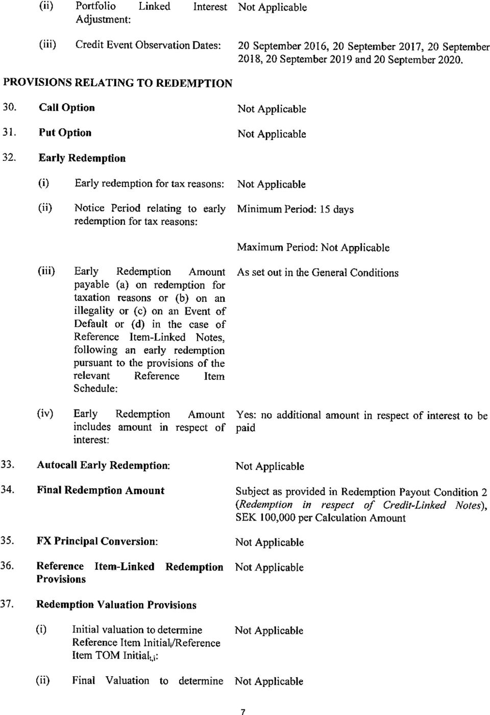 Early Redemption (i) Early redemption for tax reasons: Not Applicable (i') Notice Period relating to early Minimum Period: 15 days redemption for tax reasons: Maximum Period: Not Applicable (iii)