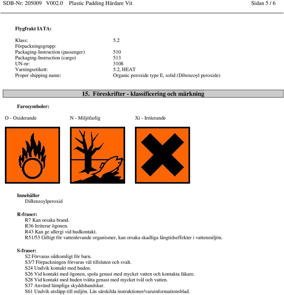 Föreskrifter - klassificering och märkning O - Oxiderande N - Miljöfarlig Xi - Irriterande Innehåller DiBenzoylperoxid R-fraser: R7 Kan orsaka brand. R36 Irriterar ögonen.