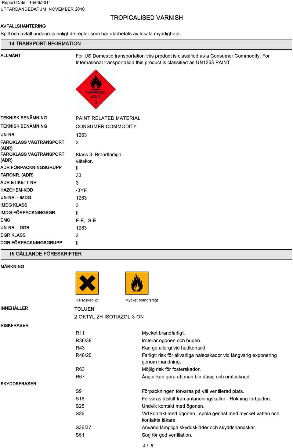 For International transportation this product is classified as UN126 PAINT TEKNISK BENÄMNING TEKNISK BENÄMNING UN-NR.