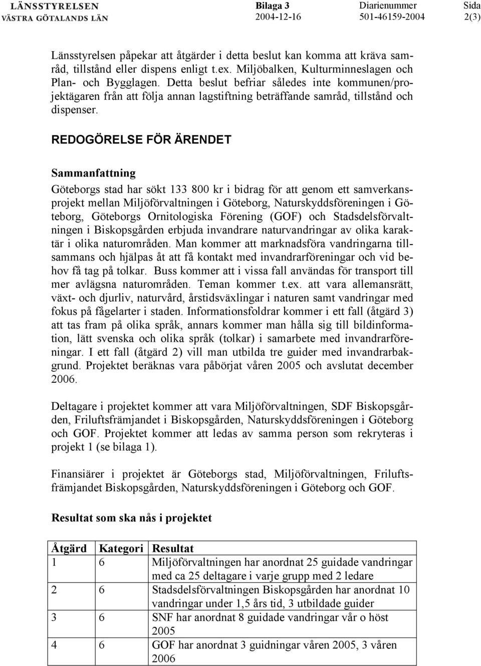 REDOGÖRELSE FÖR ÄRENDET Sammanfattning Göteborgs stad har sökt 133 800 kr i bidrag för att genom ett samverkansprojekt mellan Miljöförvaltningen i Göteborg, Naturskyddsföreningen i Göteborg,