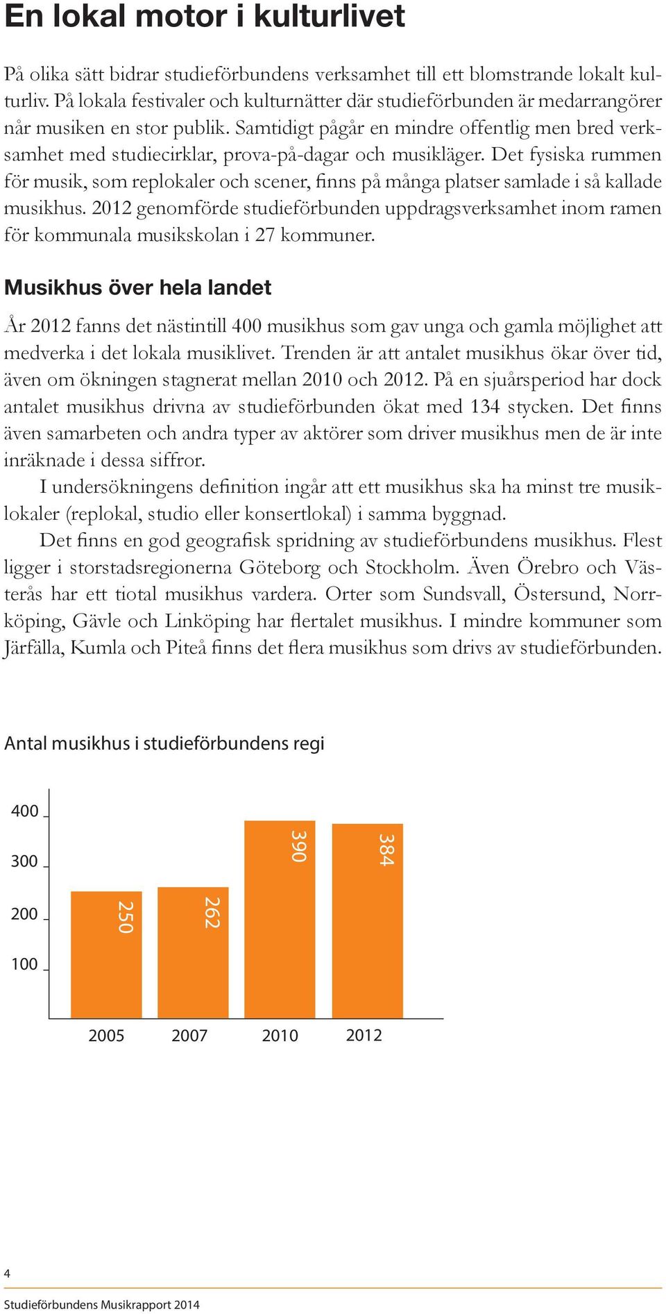 Samtidigt pågår en mindre offentlig men bred verksamhet med studiecirklar, prova-på-dagar och musikläger.