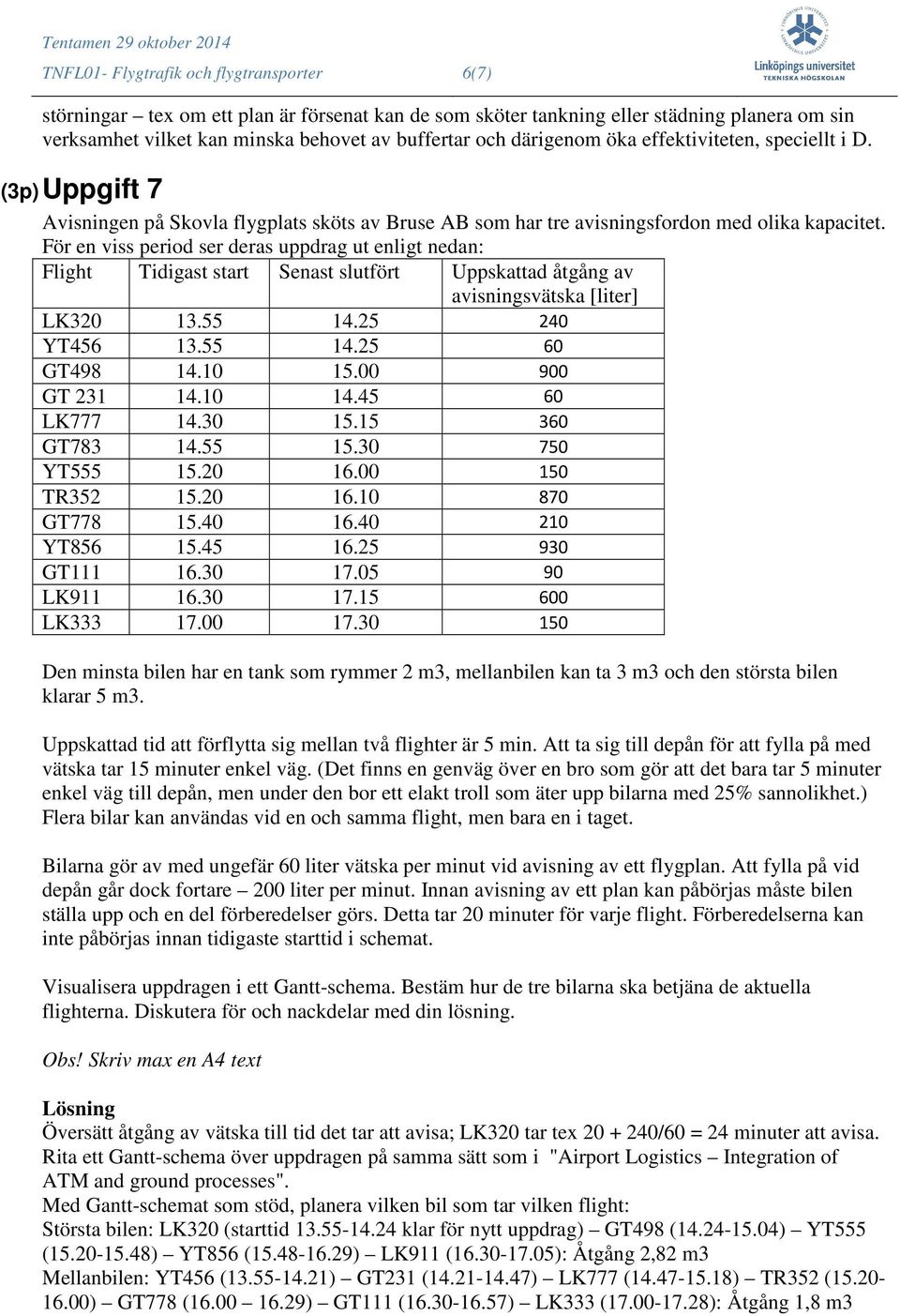 För en viss period ser deras uppdrag ut enligt nedan: Flight Tidigast start Senast slutfört Uppskattad åtgång av avisningsvätska [liter] LK320 13.55 14.25 240 YT456 13.55 14.25 60 GT498 14.10 15.