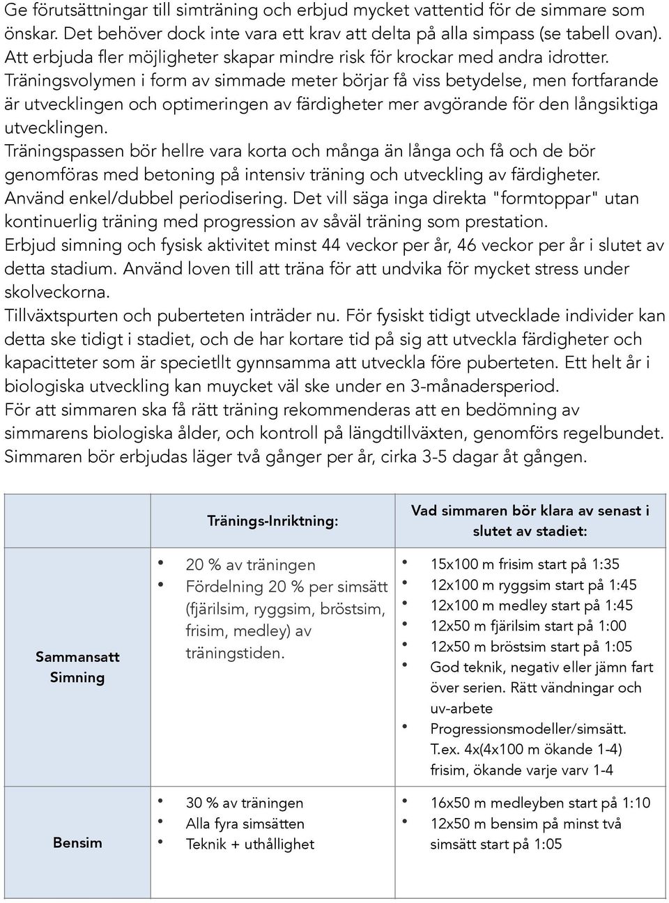 Träningsvolymen i form av simmade meter börjar få viss betydelse, men fortfarande är utvecklingen och optimeringen av färdigheter mer avgörande för den långsiktiga utvecklingen.