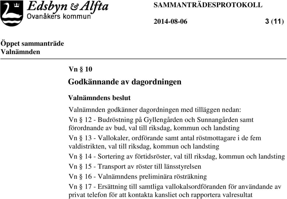 till riksdag, kommun och landsting Vn 14 - Sortering av förtidsröster, val till riksdag, kommun och landsting Vn 15 - Transport av röster till länsstyrelsen Vn