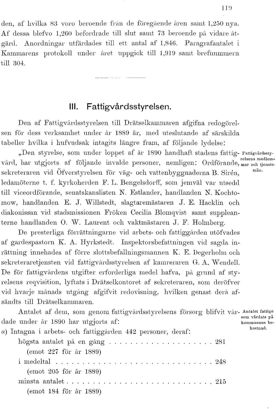 Den af Fattigvårdsstyrelsen till Drätselkammaren afgifna redogörelsen för dess verksamhet under år 1889 är, med uteslutande af särskilda tabeller hvilka i hufvudsak intagits längre fram, af följande