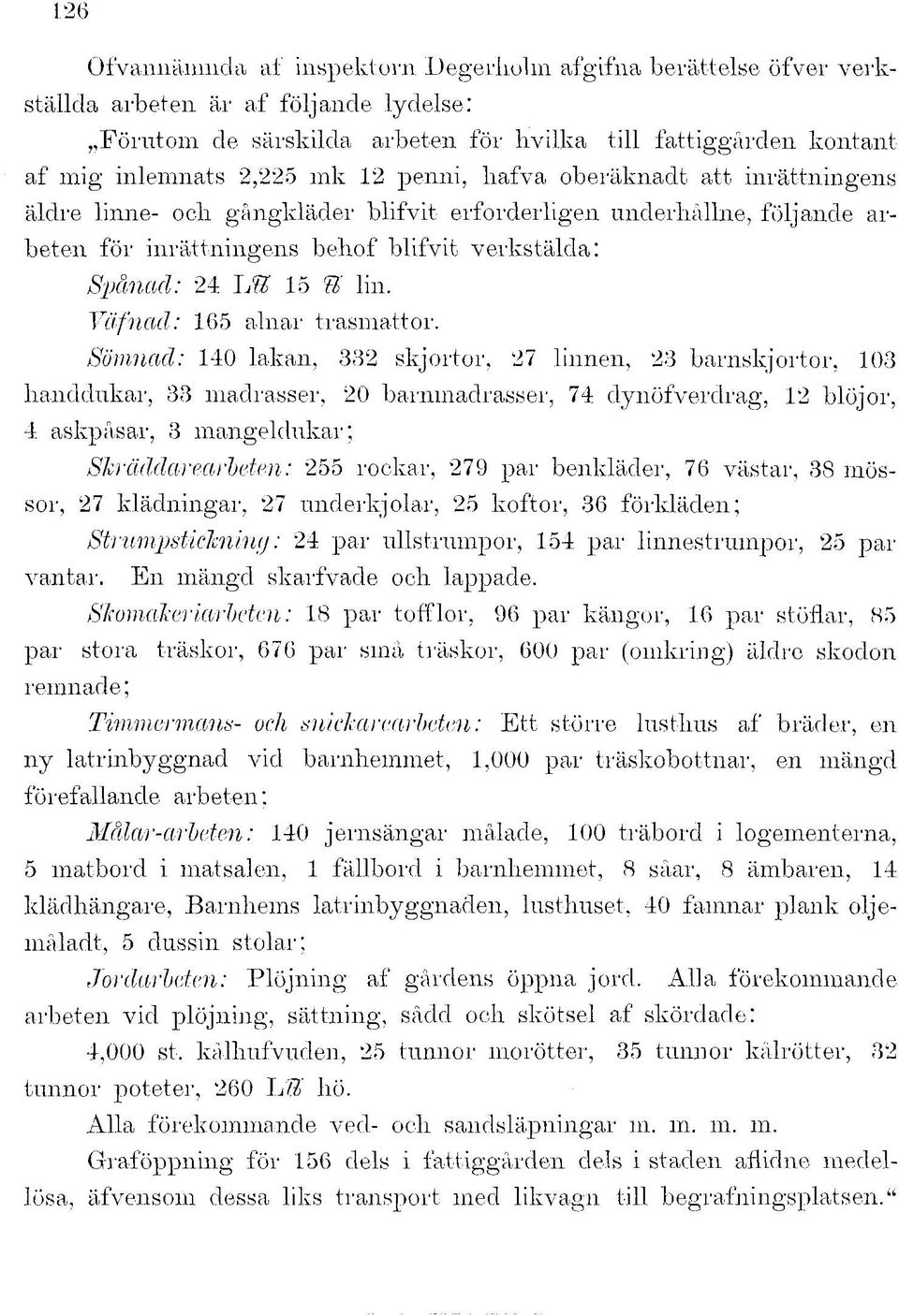 underhållne, följande arbeten för inrättningens behof blifvit verkstälda: Spanad: 24 JM 15 U lin. Väfnad: 165 alnar trasmattor.