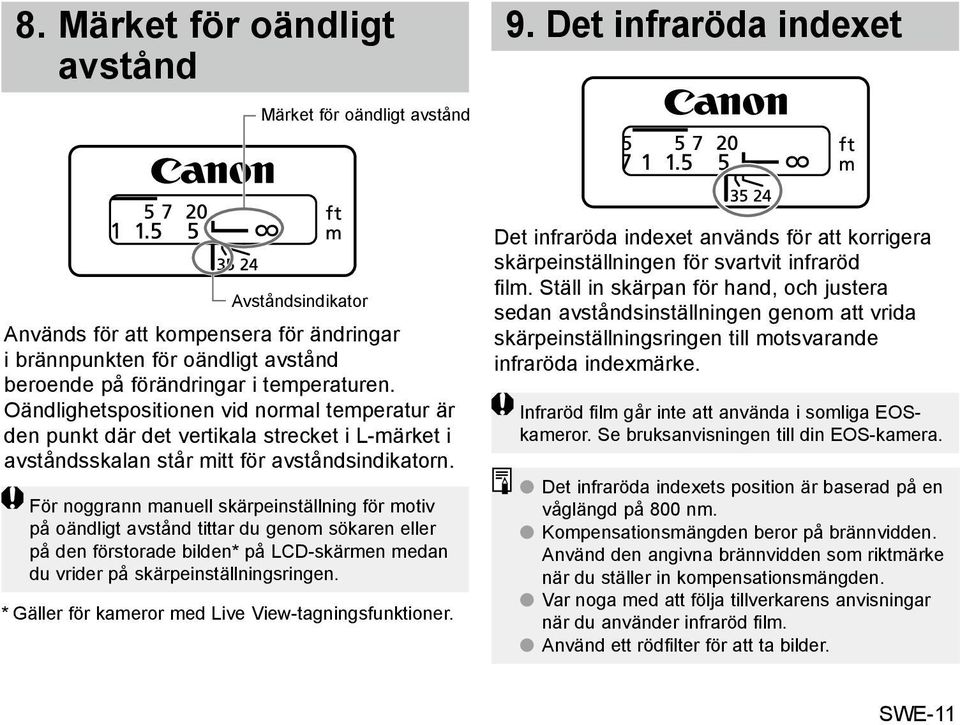 Oändlighetspositionen vid normal temperatur är den punkt där det vertikala strecket i L-märket i avståndsskalan står mitt för avståndsindikatorn.