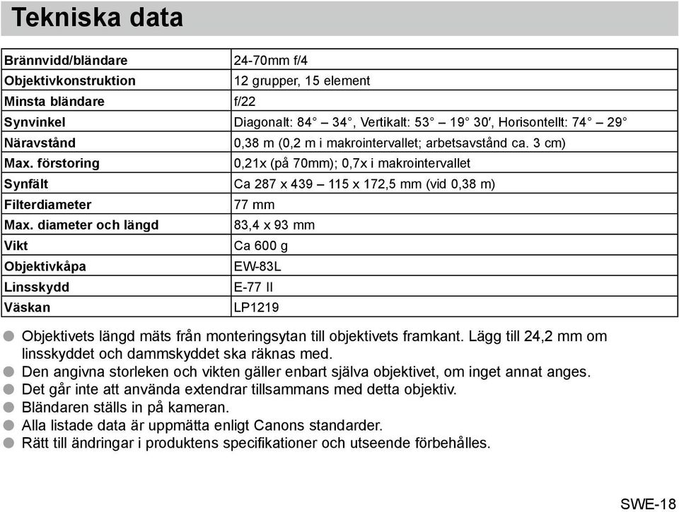 diameter och längd Vikt Objektivkåpa Linsskydd Väskan 77 mm 83,4 x 93 mm Ca 600 g EW-83L E-77 II LP1219 Objektivets längd mäts från monteringsytan till objektivets framkant.