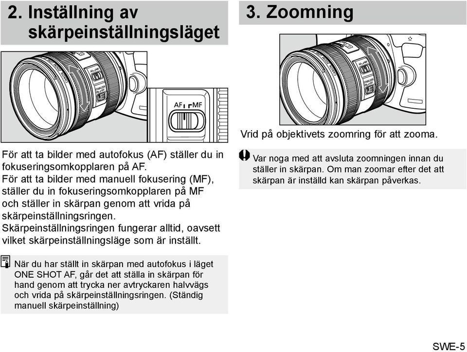 Skärpeinställningsringen fungerar alltid, oavsett vilket skärpeinställningsläge som är inställt. Var noga med att avsluta zoomningen innan du ställer in skärpan.