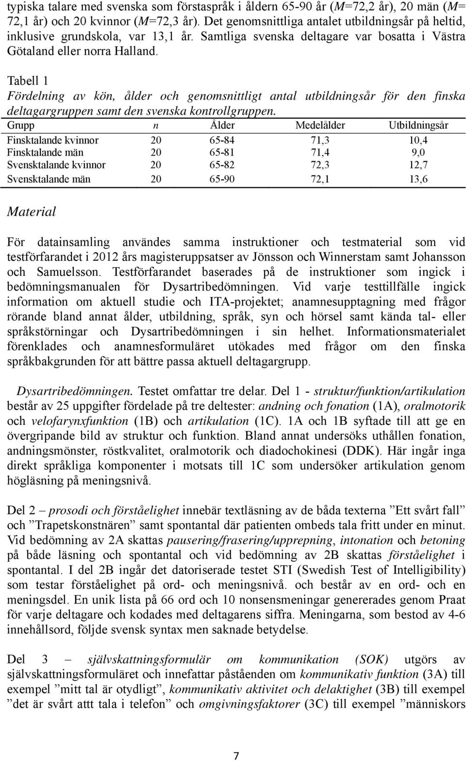 Tabell 1 Fördelning av kön, ålder och genomsnittligt antal utbildningsår för den finska deltagargruppen samt den svenska kontrollgruppen.