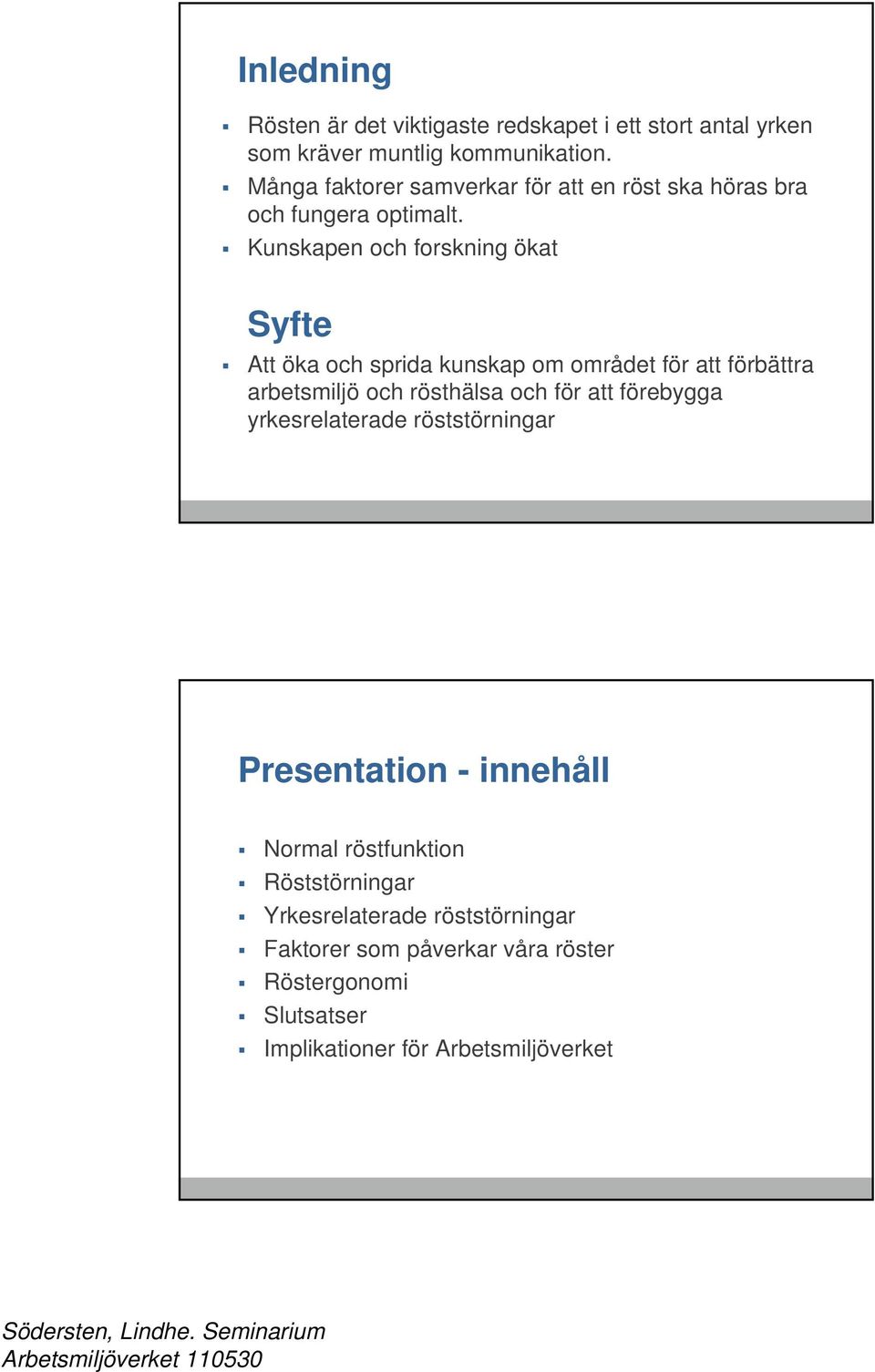 Kunskapen och forskning ökat Syfte Att öka och sprida kunskap om området för att förbättra arbetsmiljö och rösthälsa och för att