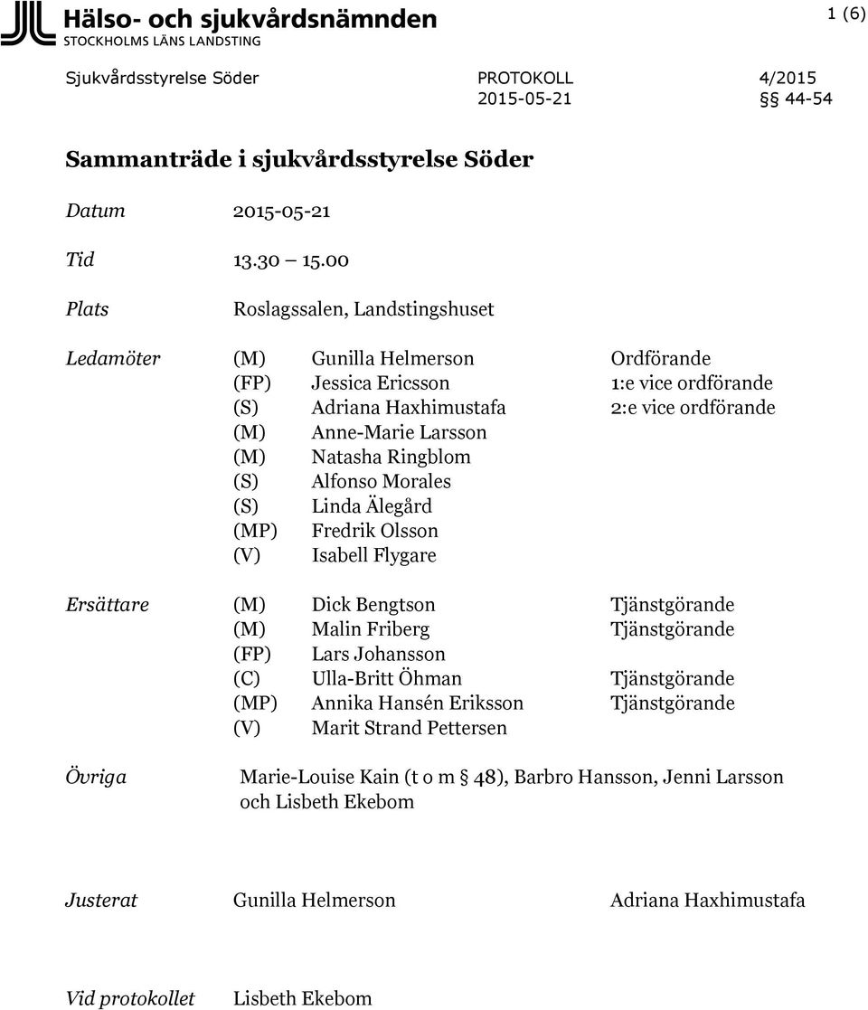 Larsson (M) Natasha Ringblom (S) Alfonso Morales (S) Linda Älegård (MP) Fredrik Olsson (V) Isabell Flygare Ersättare (M) Dick Bengtson Tjänstgörande (M) Malin Friberg Tjänstgörande