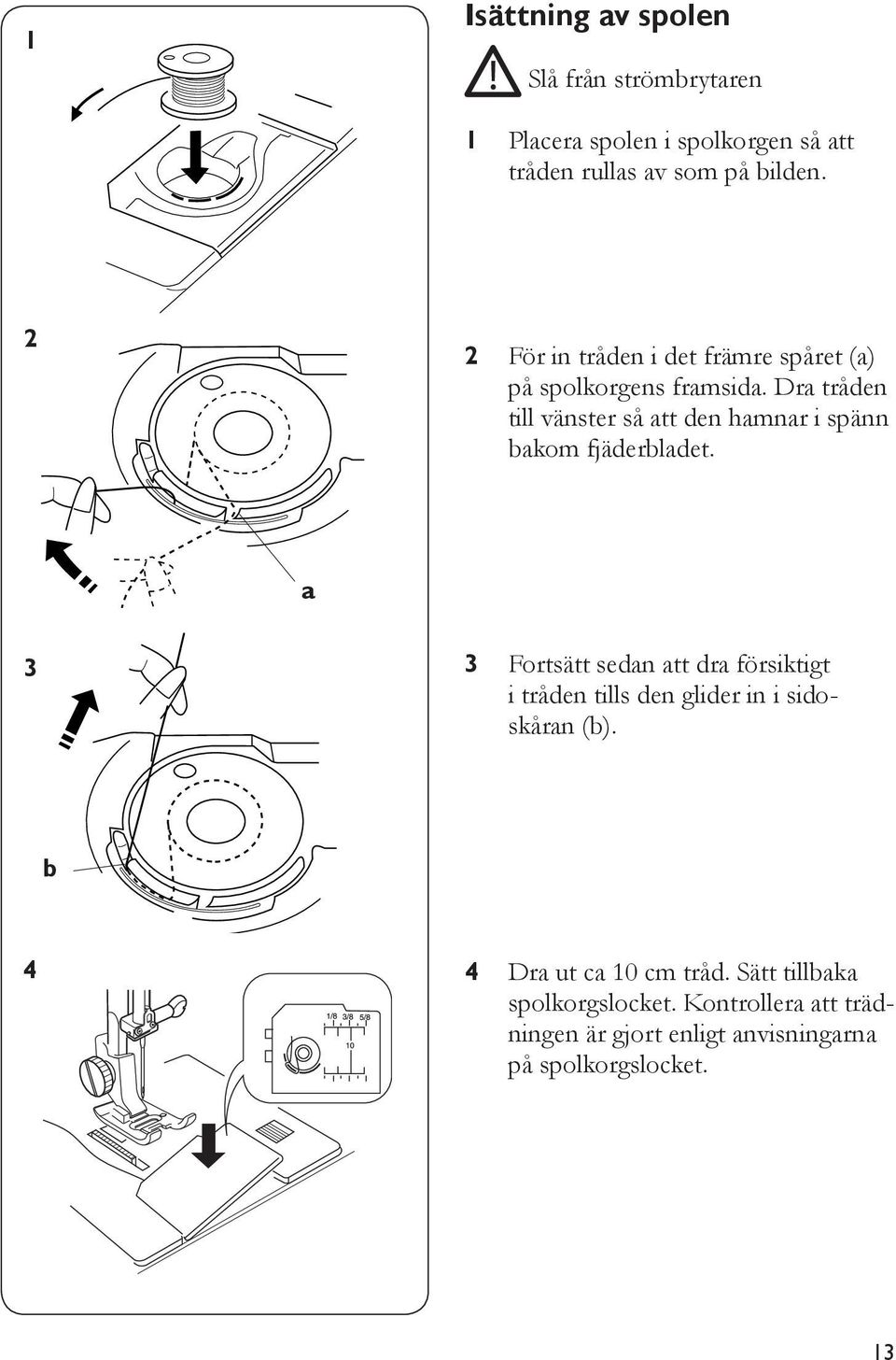 Dra tråden till vänster så att den hamnar i spänn bakom fjäderbladet.