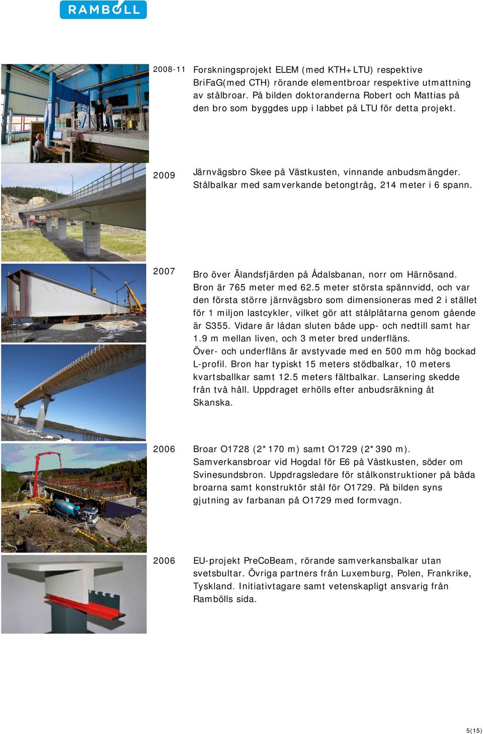 Stålbalkar med samverkande betongtråg, 214 meter i 6 spann. 2007 Bro över Älandsfjärden på Ådalsbanan, norr om Härnösand. Bron är 765 meter med 62.