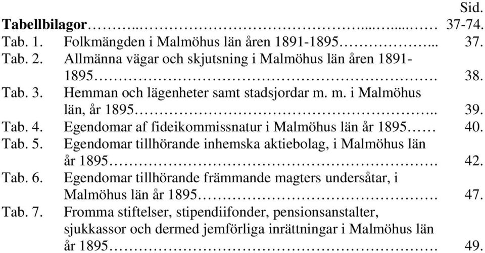 Egendomar af fideikommissnatur i Malmöhus län år 1895 40. Tab. 5. Egendomar tillhörande inhemska aktiebolag, i Malmöhus län år 1895. 42. Tab. 6.