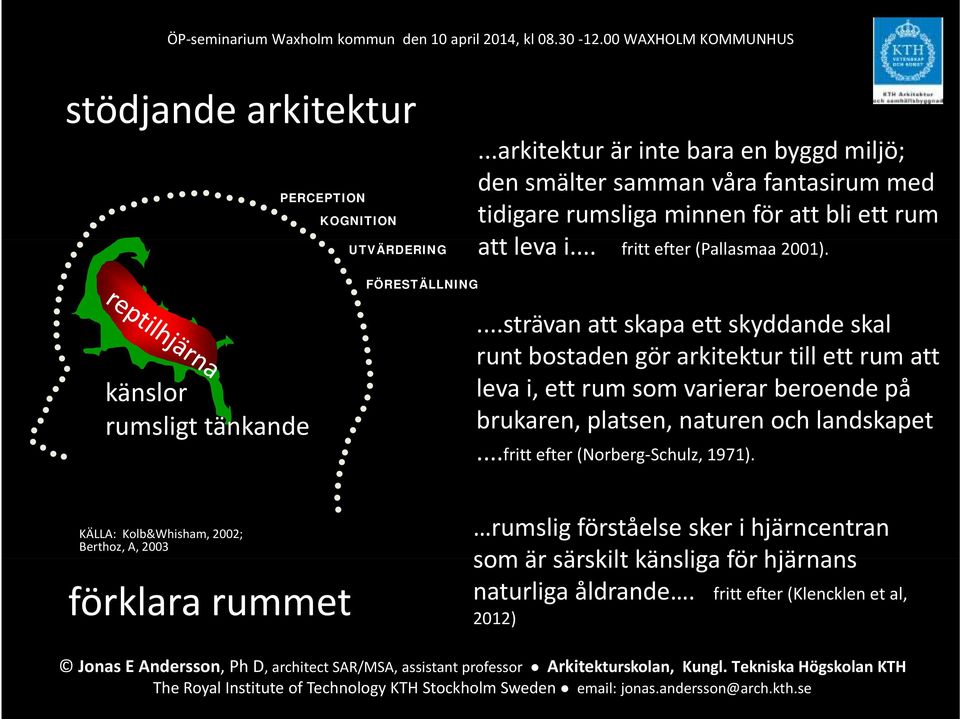 ..arkitektur är inte bara en byggdmiljö; den smälter samman våra fantasirum med tidigare rumsliga minnen för att bli ett rum att leva i... fritt efter (Pallasmaa 2001). FÖRESTÄLLNING.