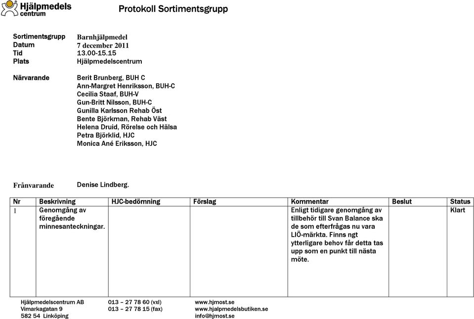 Karlsson Rehab Öst Bente Björkman, Rehab Väst Helena Druid, Rörelse och Hälsa Petra Björklid, HJC Monica Ané Eriksson, HJC Frånvarande Denise