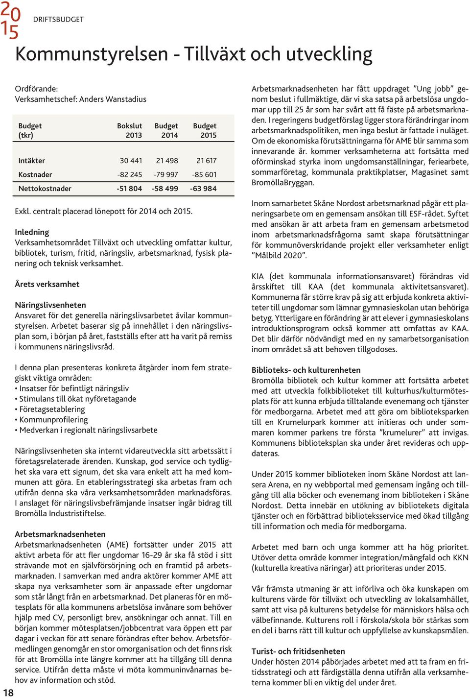 Årets verksamhet 2013 2014 20 Intäkter 30 441 21 498 21 617 Kostnader -82 245-79 997-85 601 Nettokostnader -51 804-58 499-63 984 Näringslivsenheten Ansvaret för det generella näringslivsarbetet