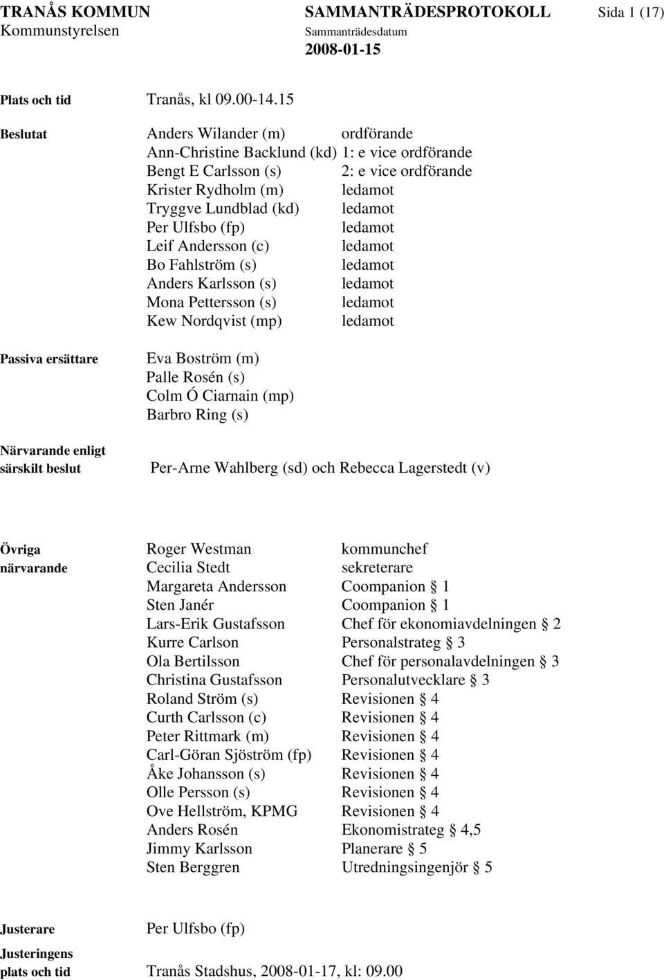 Ulfsbo (fp) ledamot Leif Andersson (c) ledamot Bo Fahlström (s) ledamot Anders Karlsson (s) ledamot Mona Pettersson (s) ledamot Kew Nordqvist (mp) ledamot Passiva ersättare Närvarande enligt särskilt