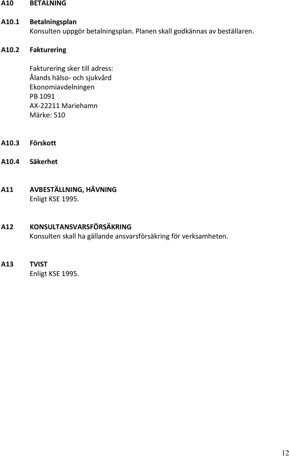 AX-22211 Mariehamn Märke: 510 A10.3 Förskott A10.4 Säkerhet A11 AVBESTÄLLNING, HÄVNING Enligt KSE 1995.