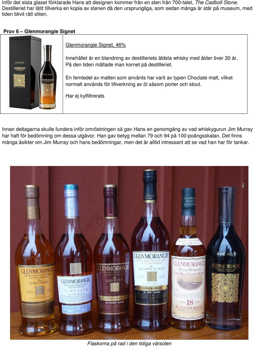 Prov 6 Glenmorangie Signet Glenmorangie Signet, 46% Innehållet är en blandning av destilleriets äldsta whisky med ålder över 30 år. På den tiden mältade man kornet på destilleriet.