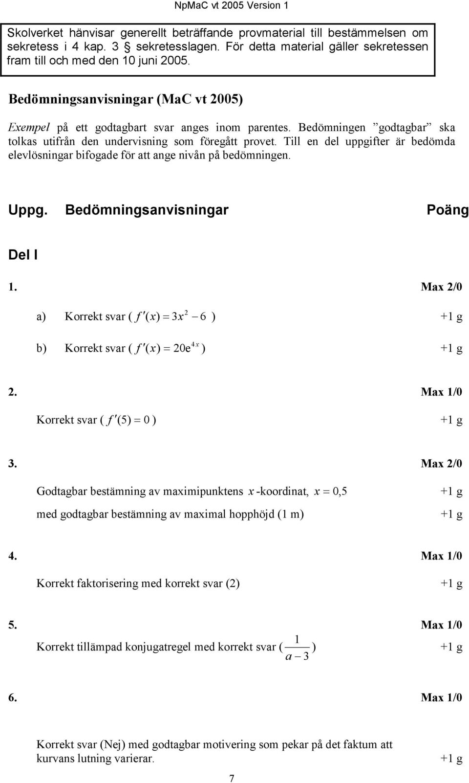 Till en del uppgifter är bedömda elevlösningar bifogade för att ange nivån på bedömningen. Uppg. Bedömningsanvisningar Poäng Del I 1.