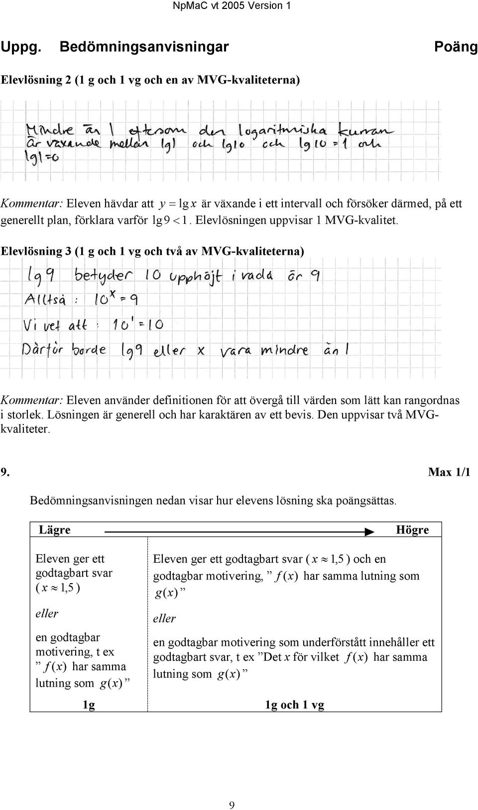 Elevlösning 3 (1 g och 1 vg och två av MVG-kvaliteterna) Kommentar: Eleven använder definitionen för att övergå till värden som lätt kan rangordnas i storlek.