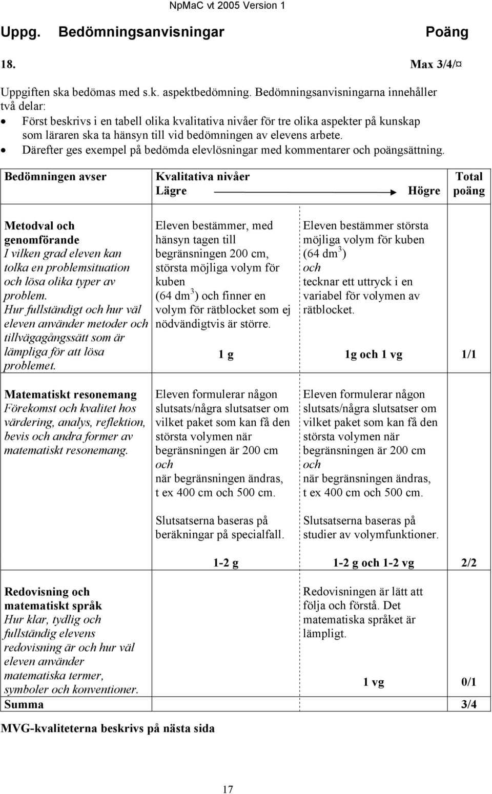 Därefter ges exempel på bedömda elevlösningar med kommentarer och poängsättning.