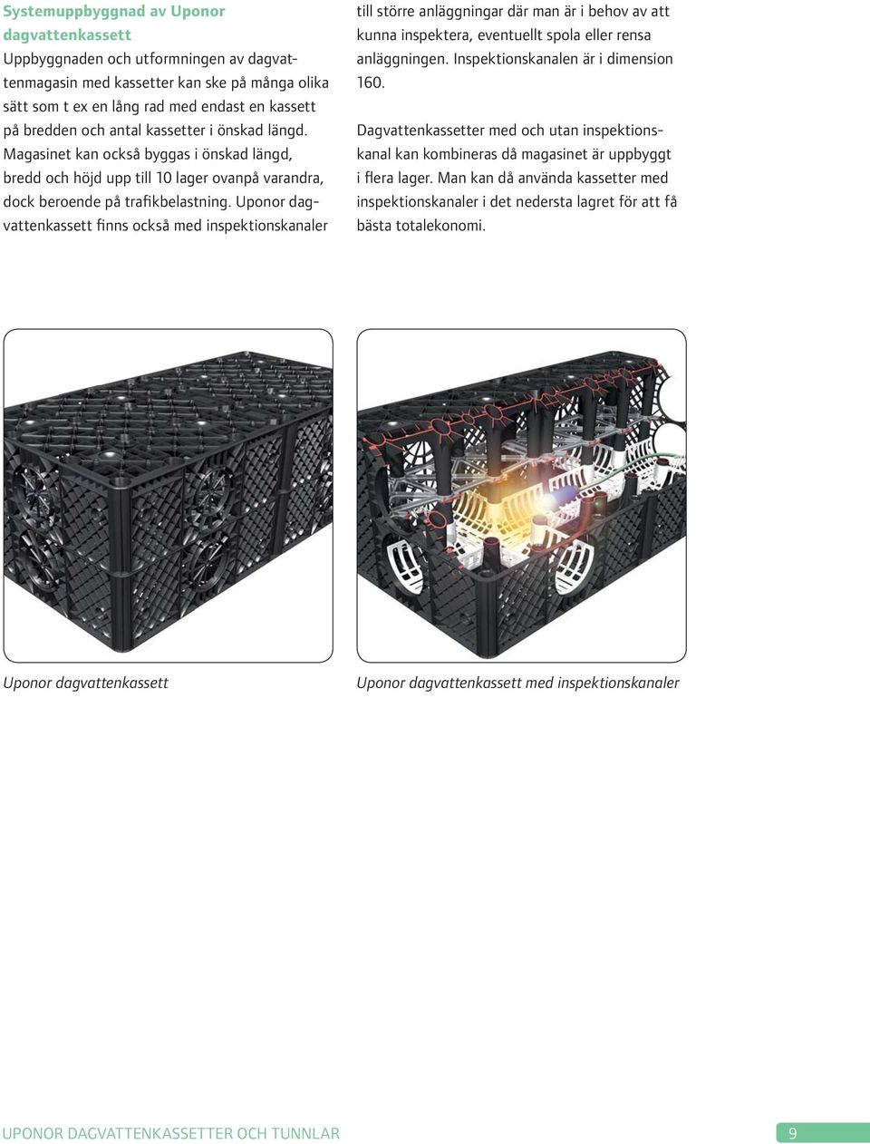 Uponor dagvattenkassett finns också med inspektionskanaler till större anläggningar där man är i behov av att kunna inspektera, eventuellt spola eller rensa anläggningen.