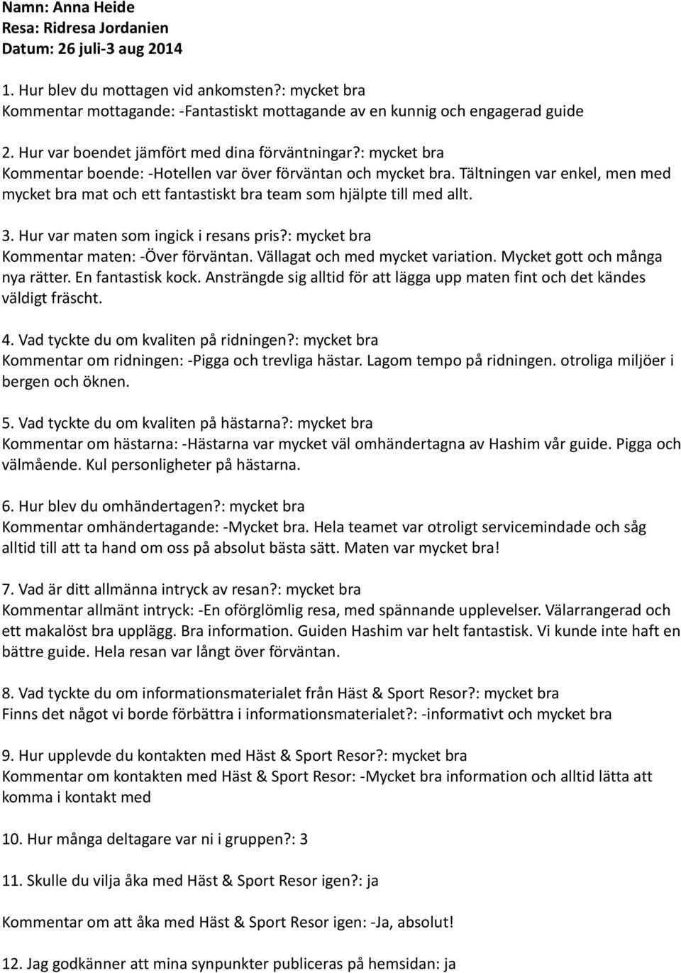 Mycket gott och många nya rätter. En fantastisk kock. Ansträngde sig alltid för att lägga upp maten fint och det kändes väldigt fräscht. Kommentar om ridningen: -Pigga och trevliga hästar.