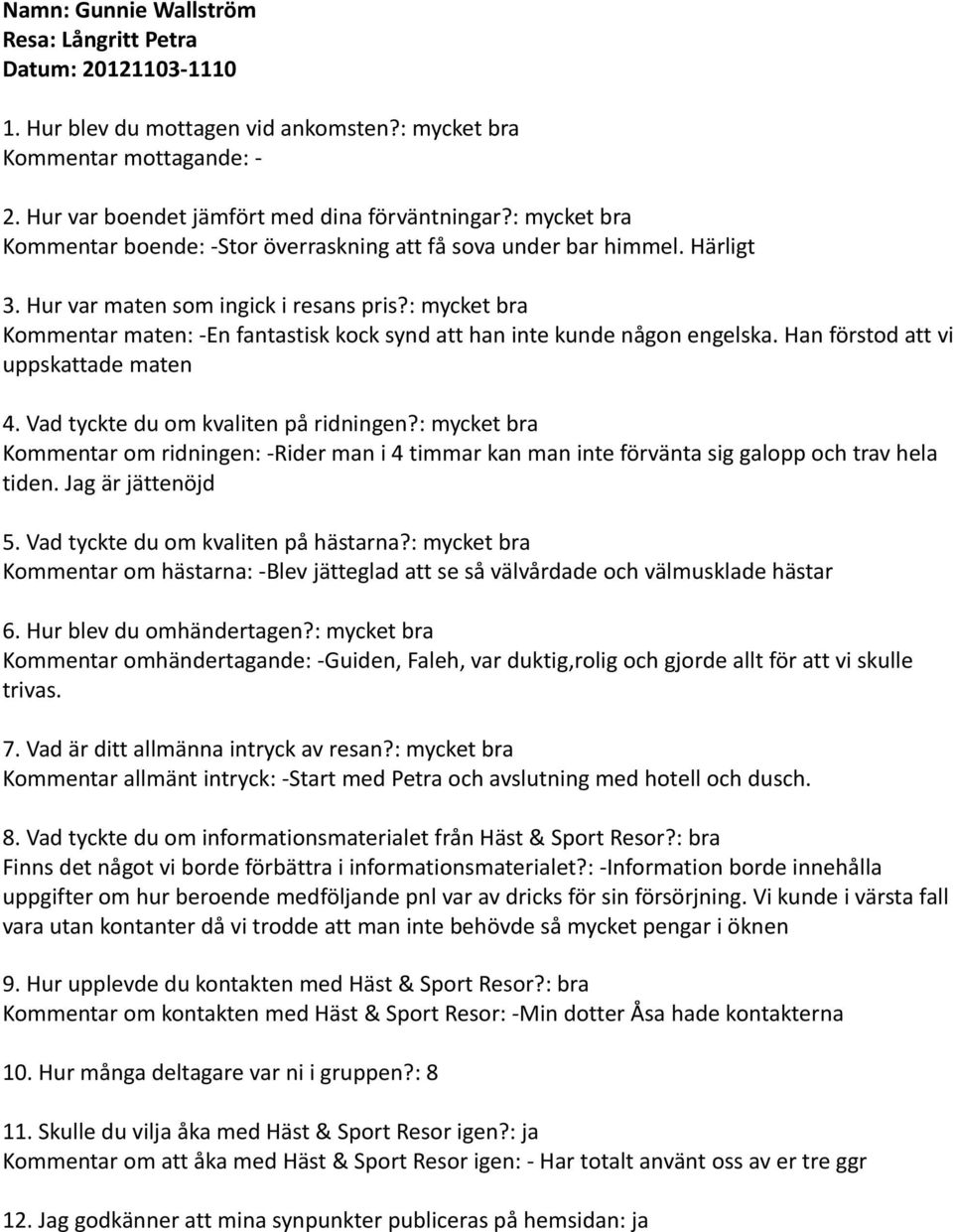 Han förstod att vi uppskattade maten Kommentar om ridningen: -Rider man i 4 timmar kan man inte förvänta sig galopp och trav hela tiden.