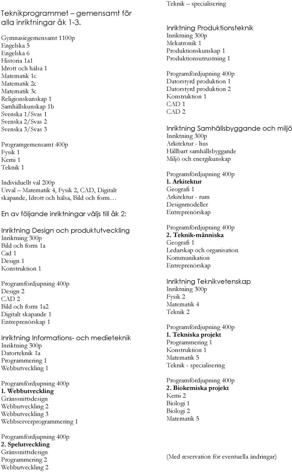 3/Svas 3 Programgemensamt 400p Fysik 1 Kemi 1 Teknik 1 Individuellt val 200p Urval Matematik 4, Fysik 2, CAD, Digitalt skapande, Idrott och hälsa, Bild och form En av följande inriktningar väljs till