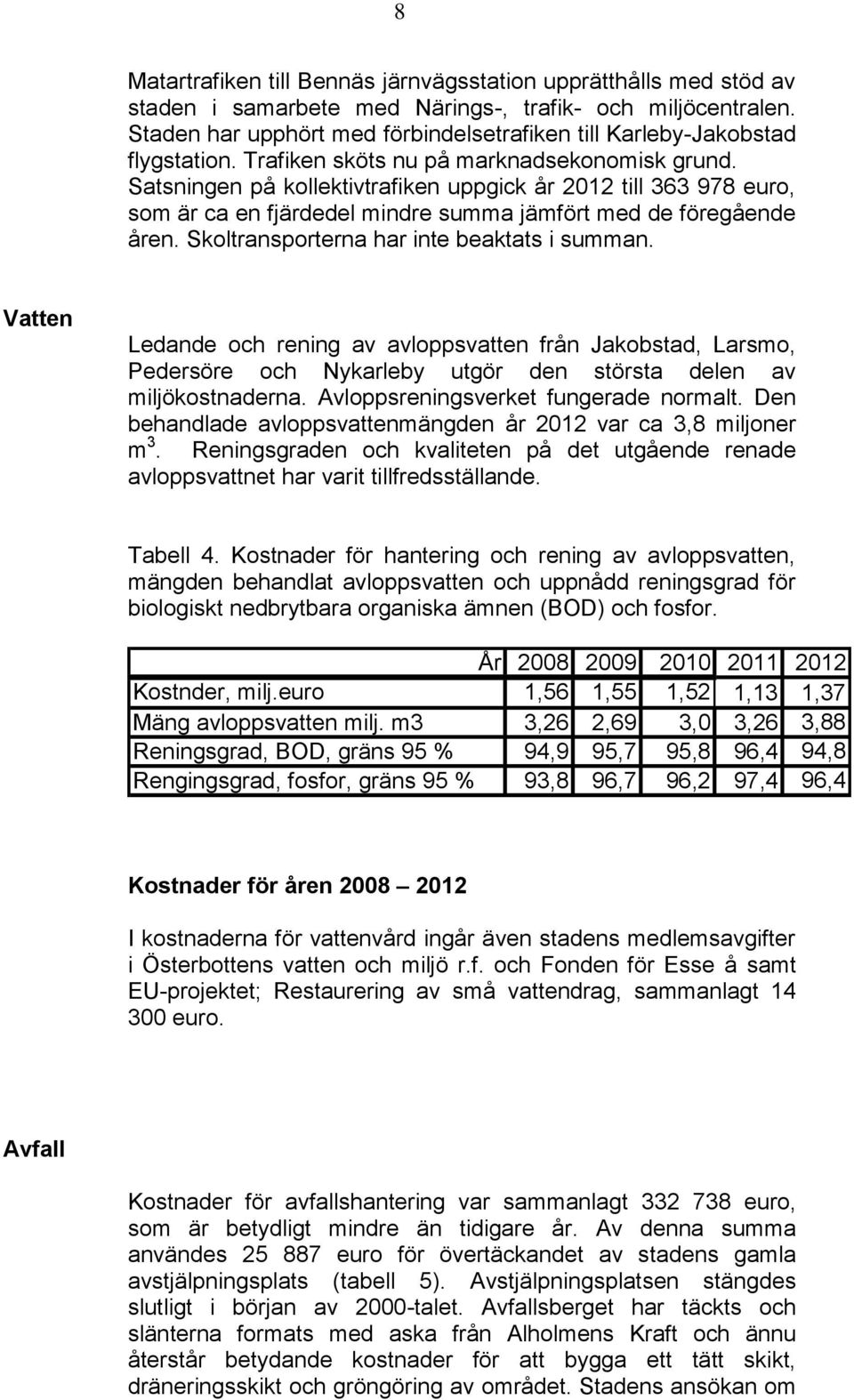 Satsningen på kollektivtrafiken uppgick år 2012 till 363 978 euro, som är ca en fjärdedel mindre summa jämfört med de föregående åren. Skoltransporterna har inte beaktats i summan.