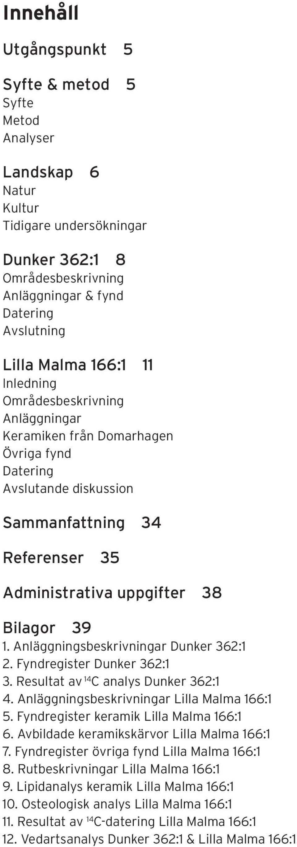 Anläggningsbeskrivningar Dunker 362:1 2. Fyndregister Dunker 362:1 3. Resultat av 14 C analys Dunker 362:1 4. Anläggningsbeskrivningar Lilla Malma 166:1 5. Fyndregister keramik Lilla Malma 166:1 6.